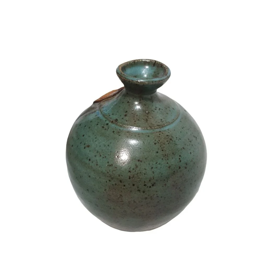 Signed Studio Pottery‎ Bud Vase Teal Green Speckled Glaze Artisan Stoneware